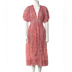 Poupette St Barth Floral Print Midi Dress Red Pink Puff Sleeve Embroidered XS